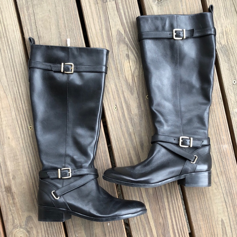 7 Essex Lane Leather Buckle Boots Soft Supple Low Heel Tall Boots Knee Maggie